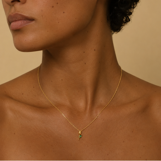 Green Bloom Necklace worn at the neckline in gold finish