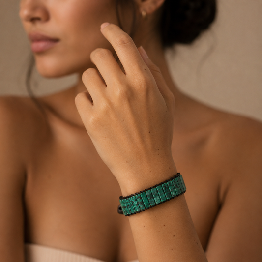 Greenveil Tile Bracelet worn on the wrist, with green stone tiles on dark cord