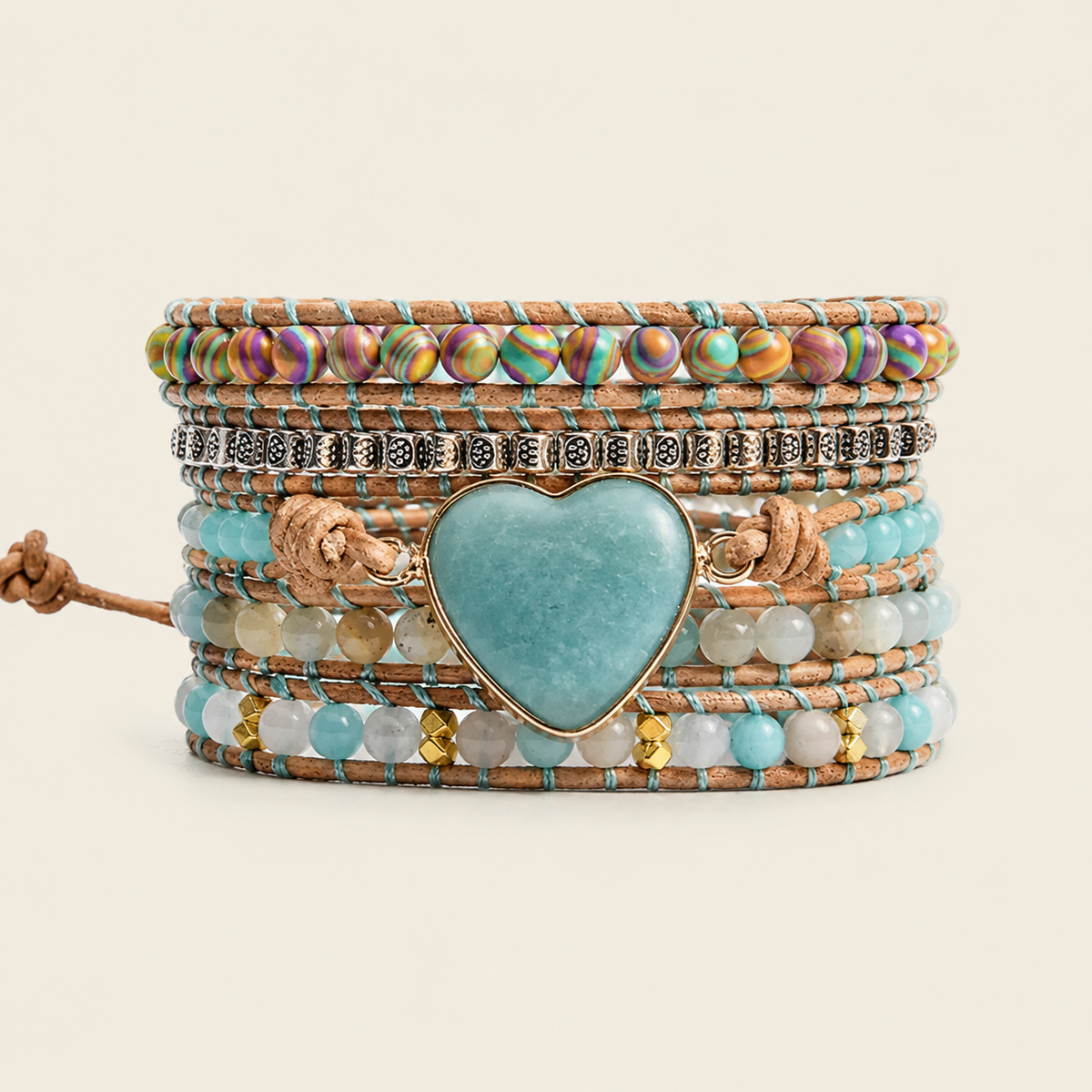 Harbor Heart Bracelet with layered pale turquoise-coloured beads and a heart centre