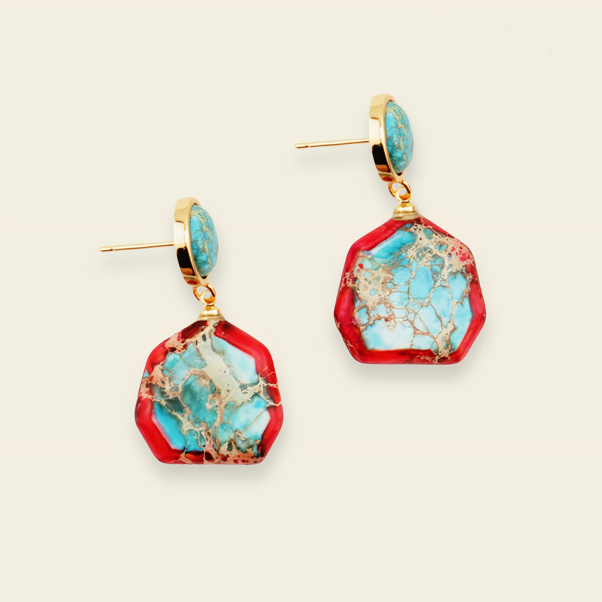 Harbour Ember Earrings with turquoise-coloured stone drops edged in red and gold colours