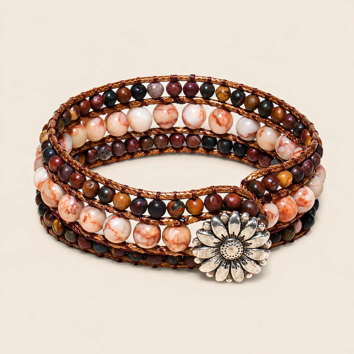 Harvest Bloom Bracelet with layered brown and pink round beads