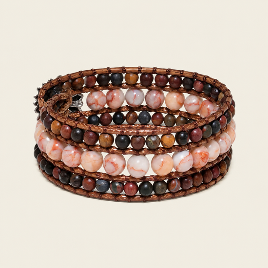 Harvest Bloom Bracelet with layered brown and pink round beads