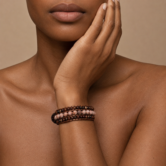 Harvest Bloom Bracelet worn on the wrist, with layered brown and pink round beads