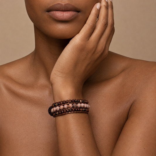 Harvest Bloom Bracelet worn on the wrist, with layered brown and pink round beads