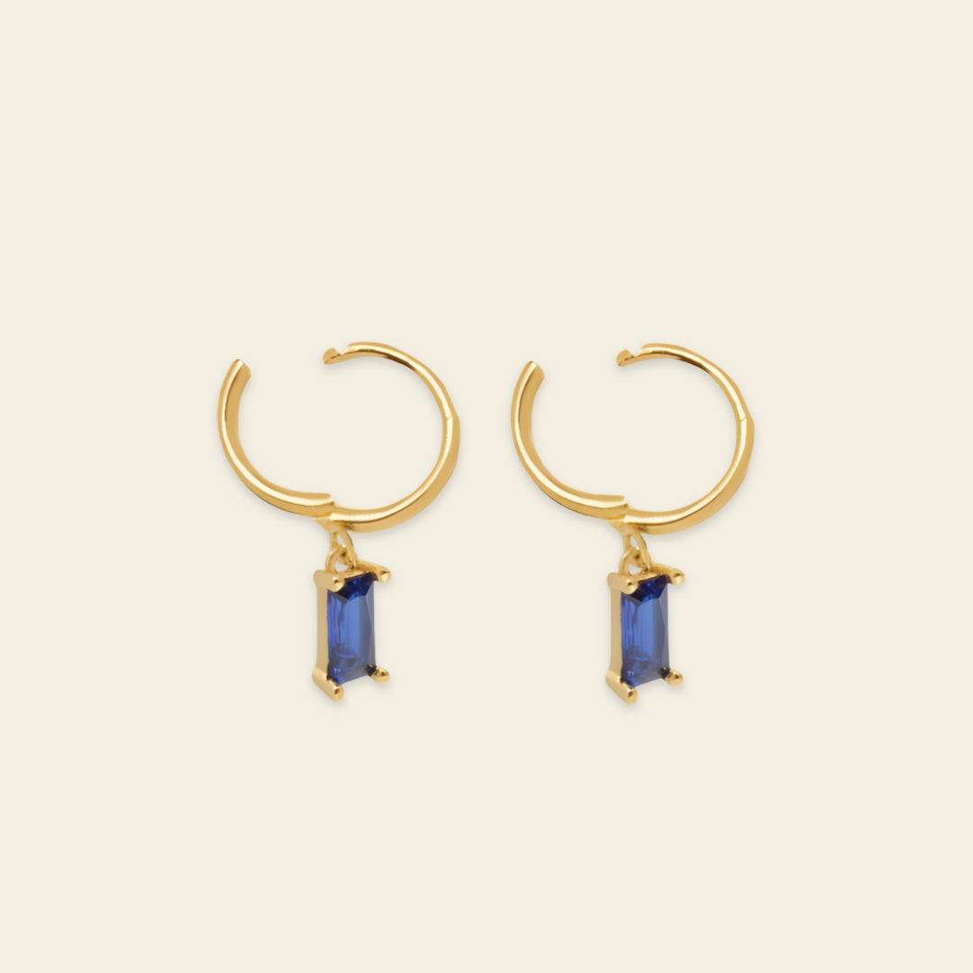 Indigo Baguette Earrings with small hoops with rectangular blue stone drops in gold finish