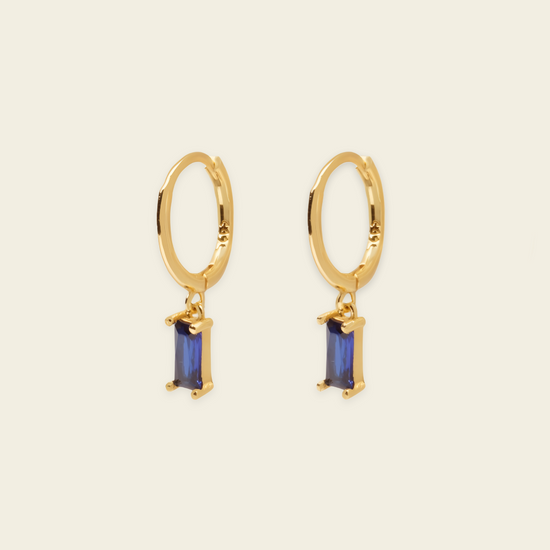 Indigo Baguette Earrings with small hoops with rectangular blue stone drops in gold finish