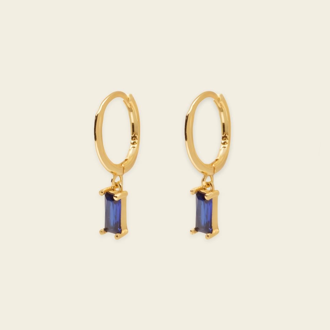 Indigo Baguette Earrings with small hoops with rectangular blue stone drops in gold finish