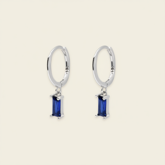 Indigo Baguette Earrings with small hoops with rectangular blue stone drops in silver finish