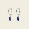 Indigo Baguette Earrings with small hoops with rectangular blue stone drops in silver finish