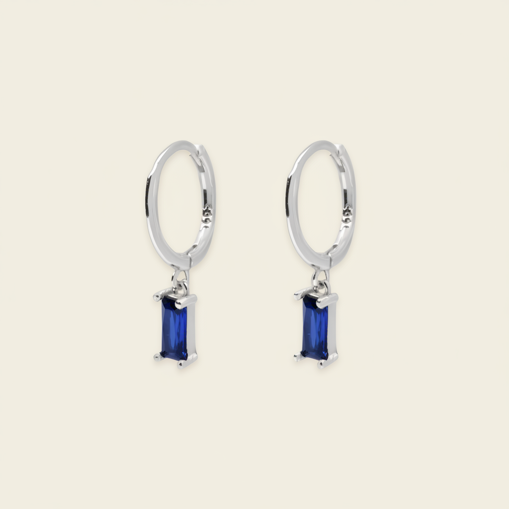 Indigo Baguette Earrings with small hoops with rectangular blue stone drops in silver finish