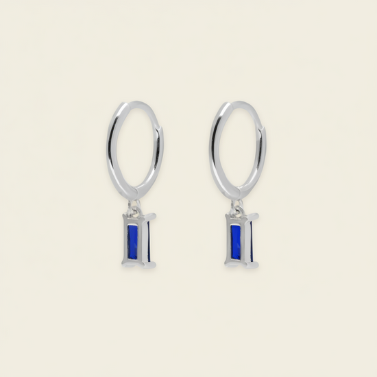 Indigo Baguette Earrings with small hoops with rectangular blue stone drops in silver finish