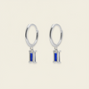Indigo Baguette Earrings with small hoops with rectangular blue stone drops in silver finish