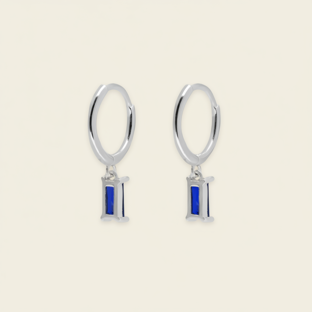 Indigo Baguette Earrings with small hoops with rectangular blue stone drops in silver finish