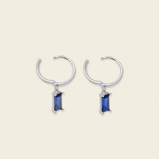 Indigo Baguette Earrings with small hoops with rectangular blue stone drops in silver finish