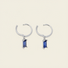 Indigo Baguette Earrings with small hoops with rectangular blue stone drops in silver finish