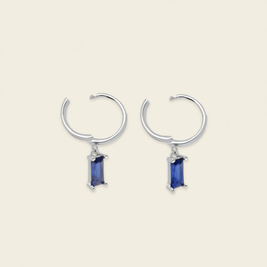 Indigo Baguette Earrings with small hoops with rectangular blue stone drops in silver finish