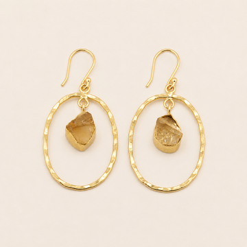 Inner Halo Earrings with open circular frames and small warm-toned stone drops