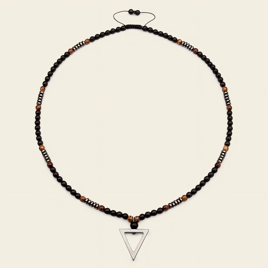 Iron Tide Necklace with dark stone beads and an open triangular pendant