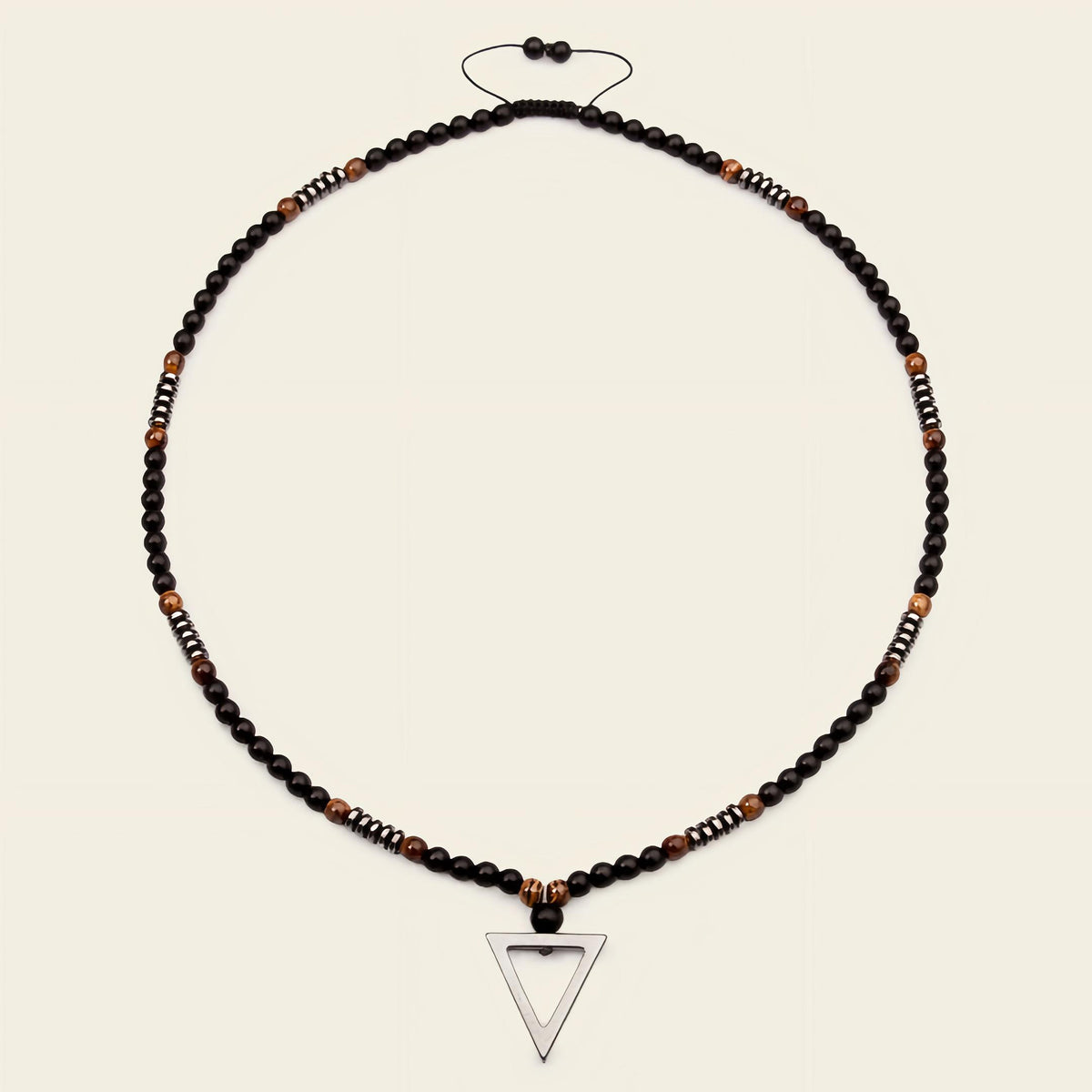 Iron Tide Necklace with dark stone beads and an open triangular pendant