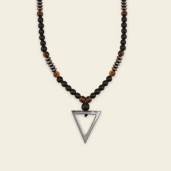 Iron Tide Necklace with dark stone beads and an open triangular pendant
