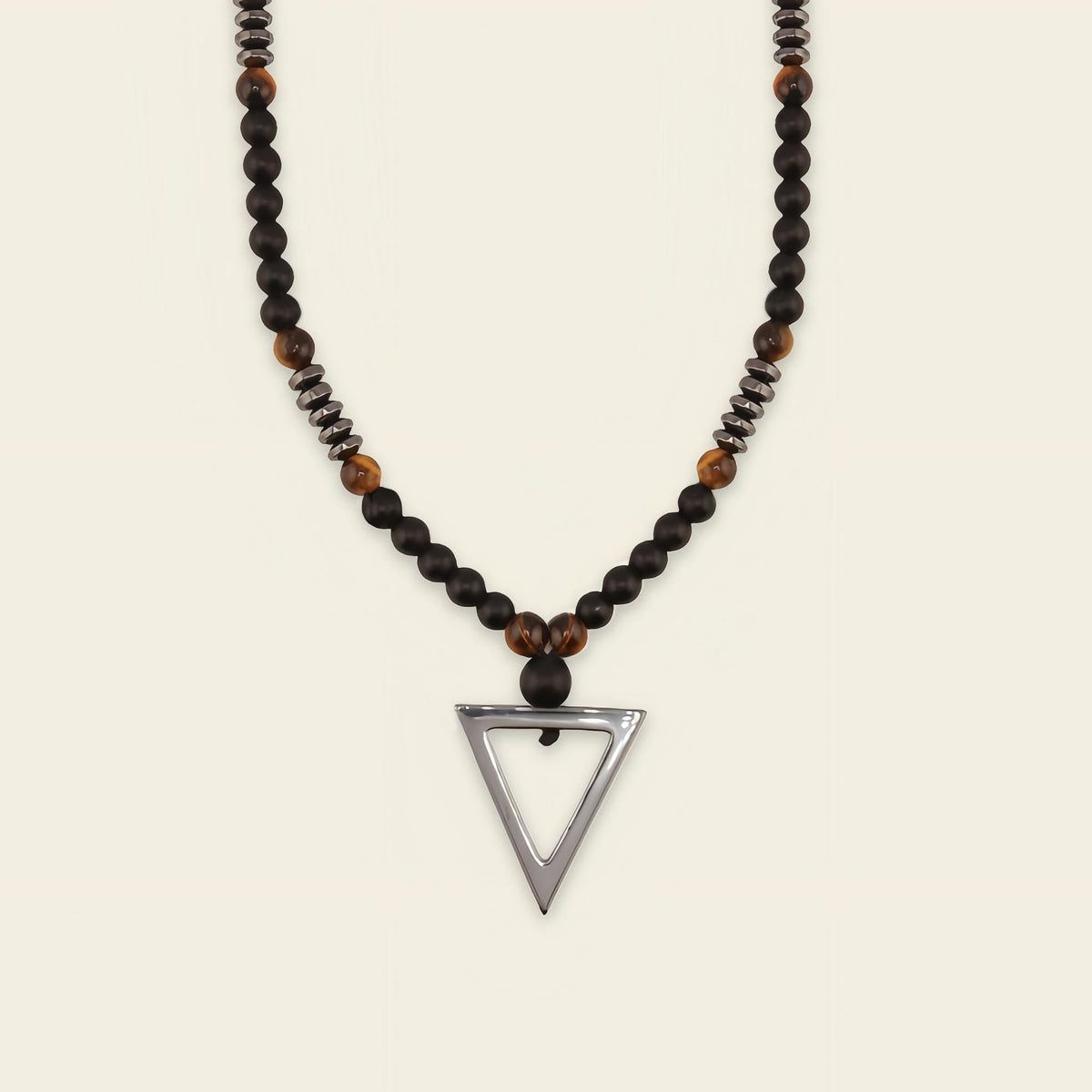 Iron Tide Necklace with dark stone beads and an open triangular pendant