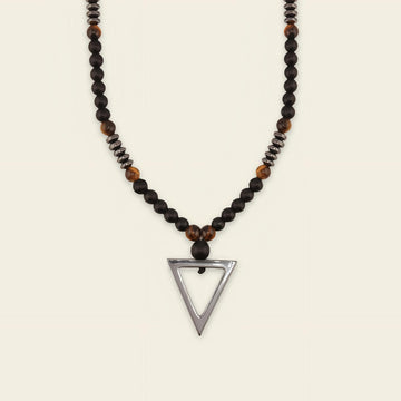 Iron Tide Necklace with dark stone beads and an open triangular pendant