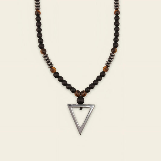 Iron Tide Necklace with dark stone beads and an open triangular pendant
