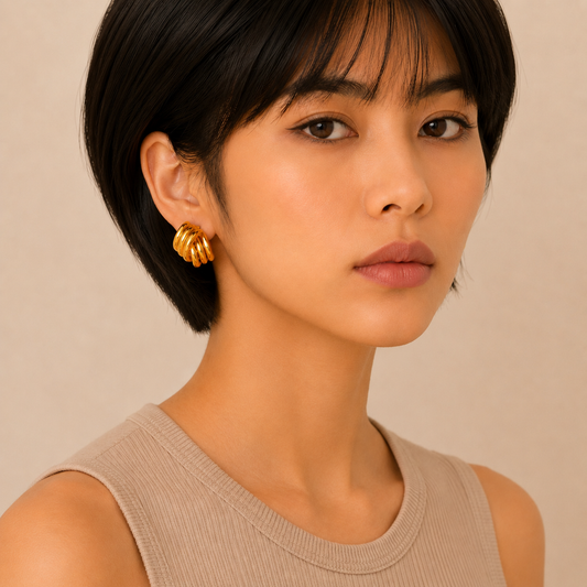 Layered Arc Earrings worn on the ear in gold finish