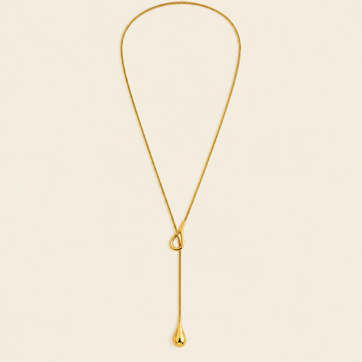 Liquid Loop Necklace with a fine lariat chain with an open loop and teardrop end in gold finish