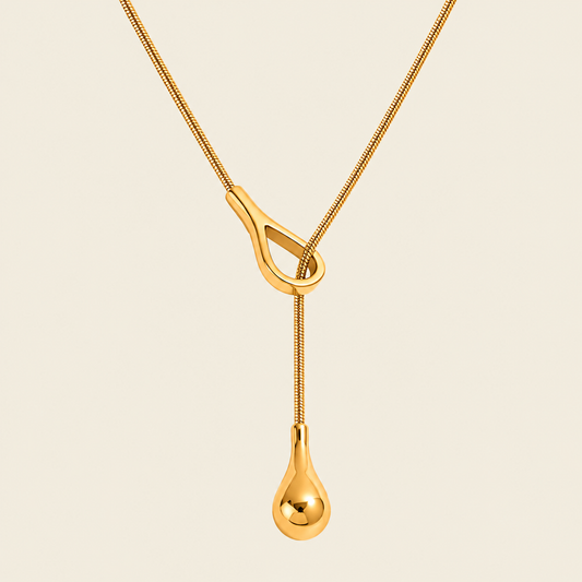 Liquid Loop Necklace with a fine lariat chain with an open loop and teardrop end in gold finish