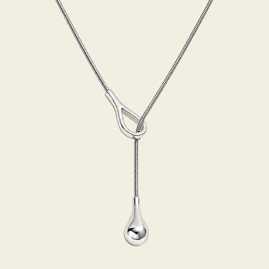 Liquid Loop Necklace with a fine lariat chain with an open loop and teardrop end in silver finish