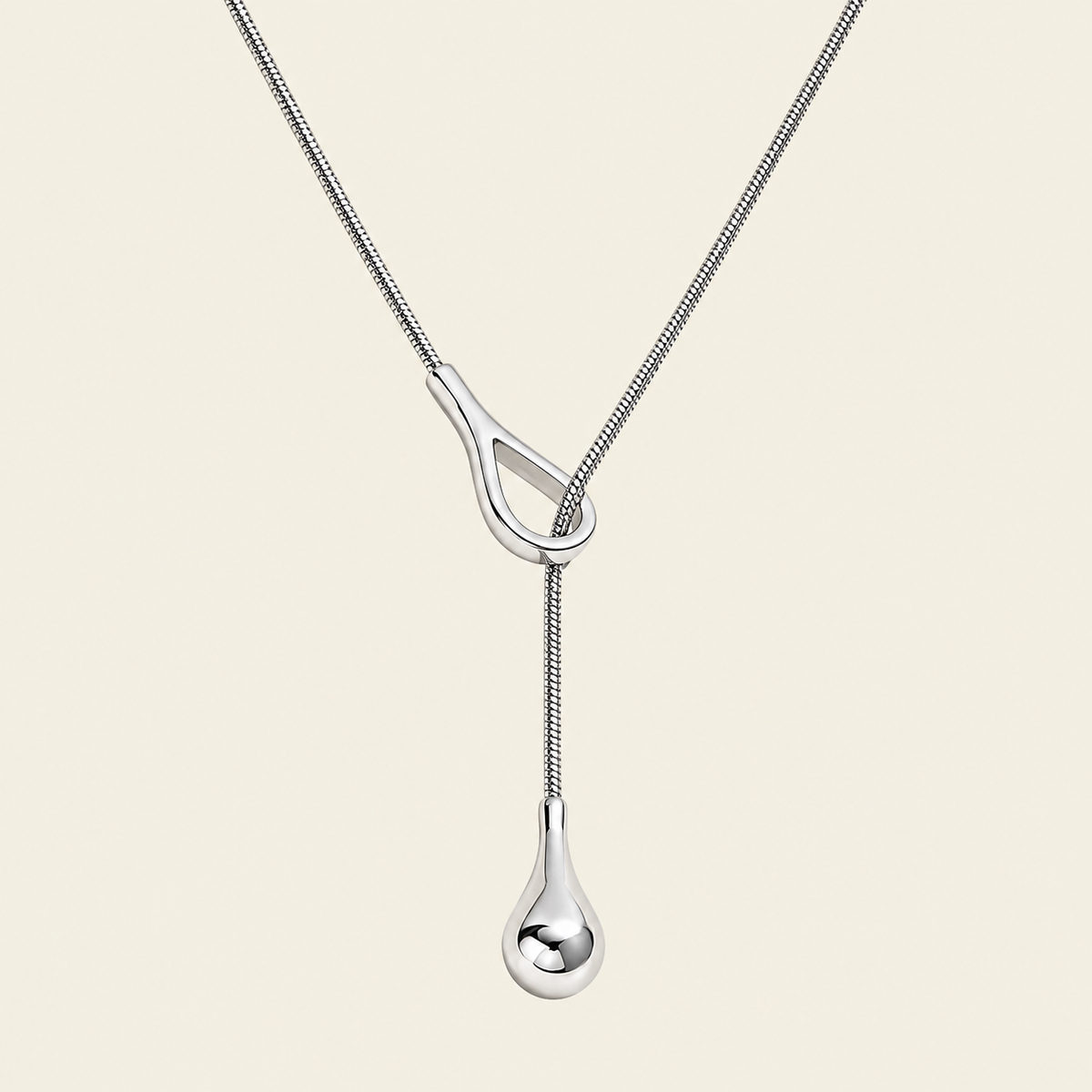 Liquid Loop Necklace with a fine lariat chain with an open loop and teardrop end in silver finish