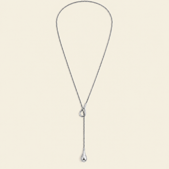 Liquid Loop Necklace with a fine lariat chain with an open loop and teardrop end in silver finish