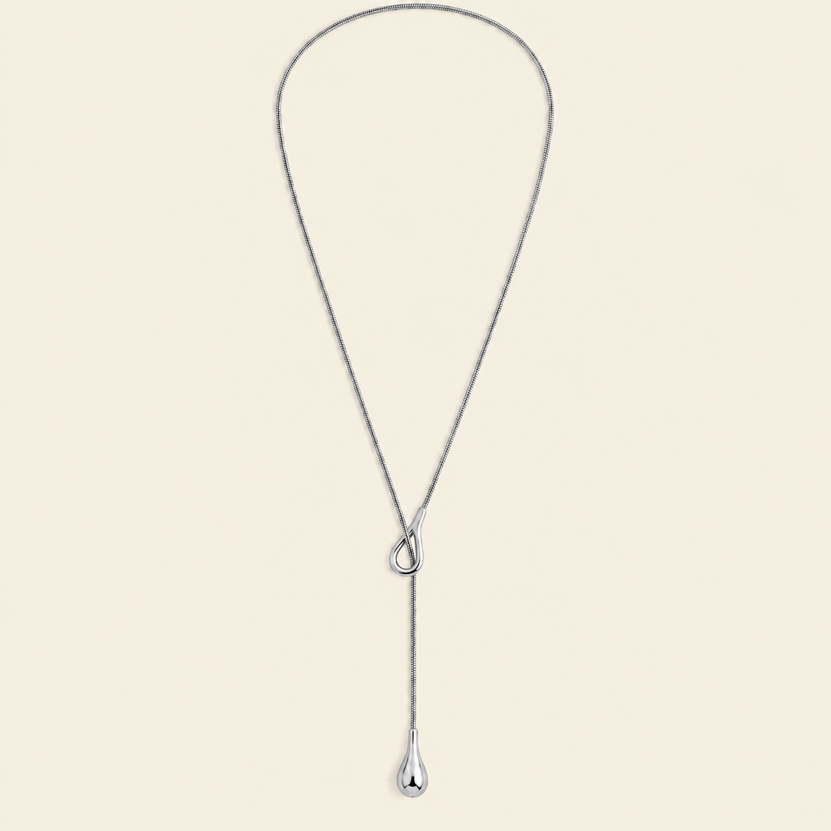 Liquid Loop Necklace with a fine lariat chain with an open loop and teardrop end in silver finish
