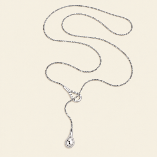Liquid Loop Necklace with a fine lariat chain with an open loop and teardrop end in silver finish