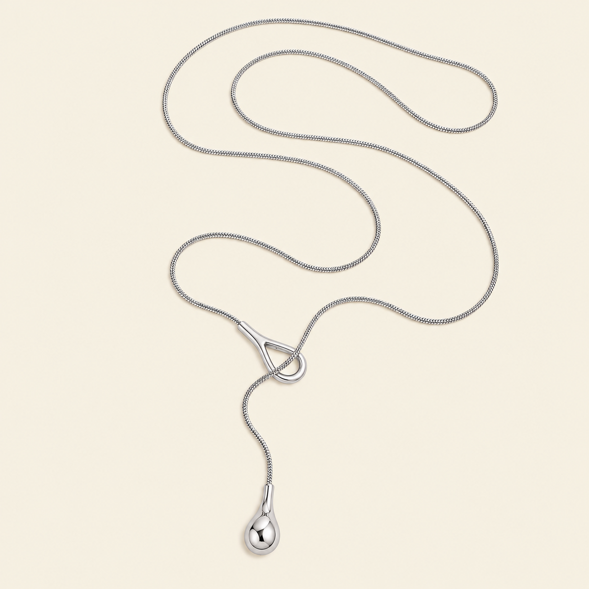 Liquid Loop Necklace with a fine lariat chain with an open loop and teardrop end in silver finish