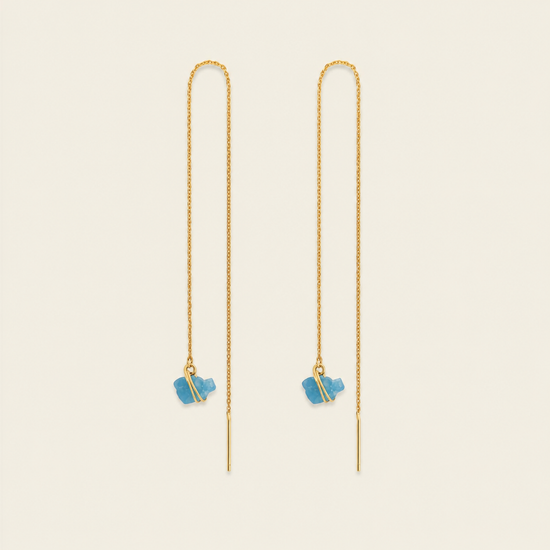Long Drift Earrings with long fine gold-coloured hooks and small blue stone drops