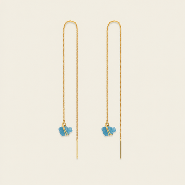 Long Drift Earrings with long fine gold-coloured hooks and small blue stone drops