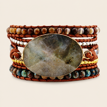 Luna Crest Bracelet with layered earth-toned beads and an oval stone centre