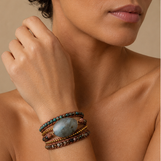 Luna Crest Bracelet worn on the wrist, with layered earth-toned beads and an oval stone centre
