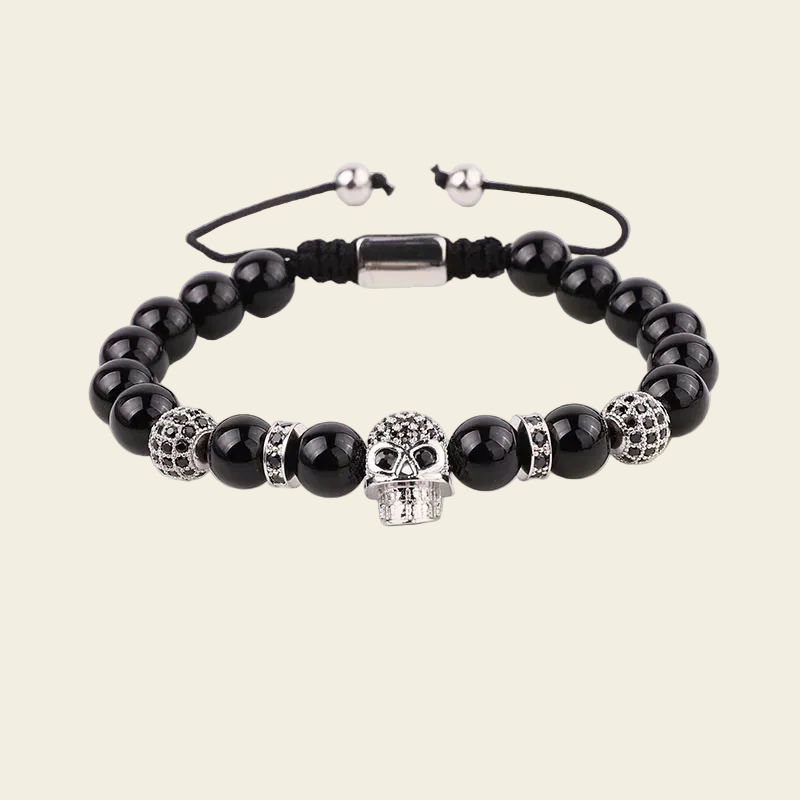 Midnight Skull Bracelet with dark round beads and skull-shaped metal accents