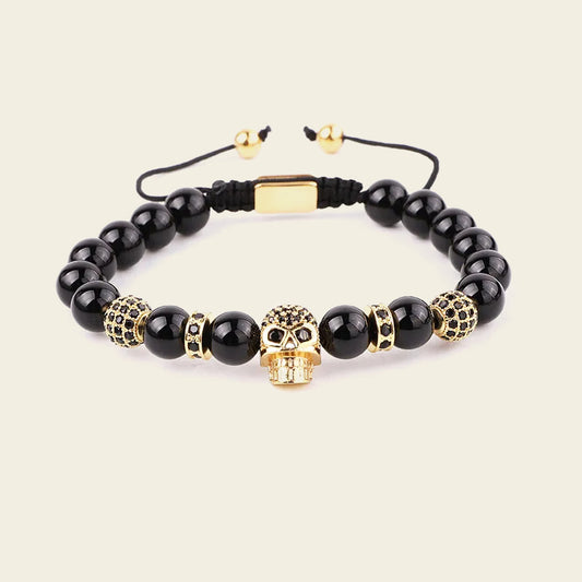 Midnight Skull Bracelet with dark round beads and skull-shaped metal accents