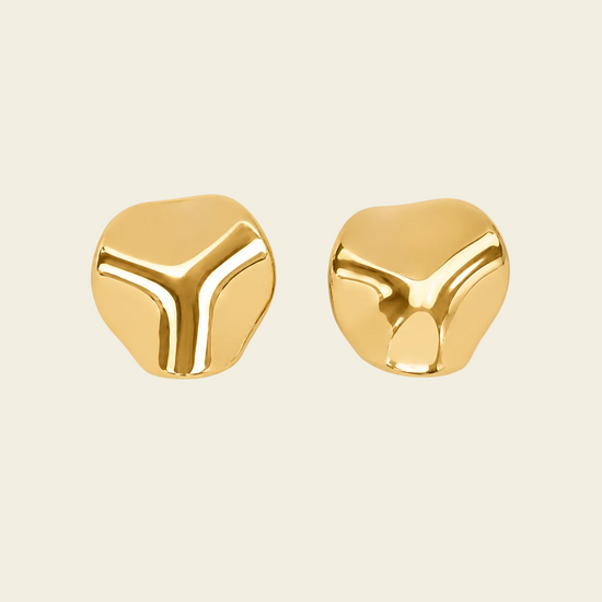 Molten Disc Earrings with rounded sculptural stud faces in gold finish