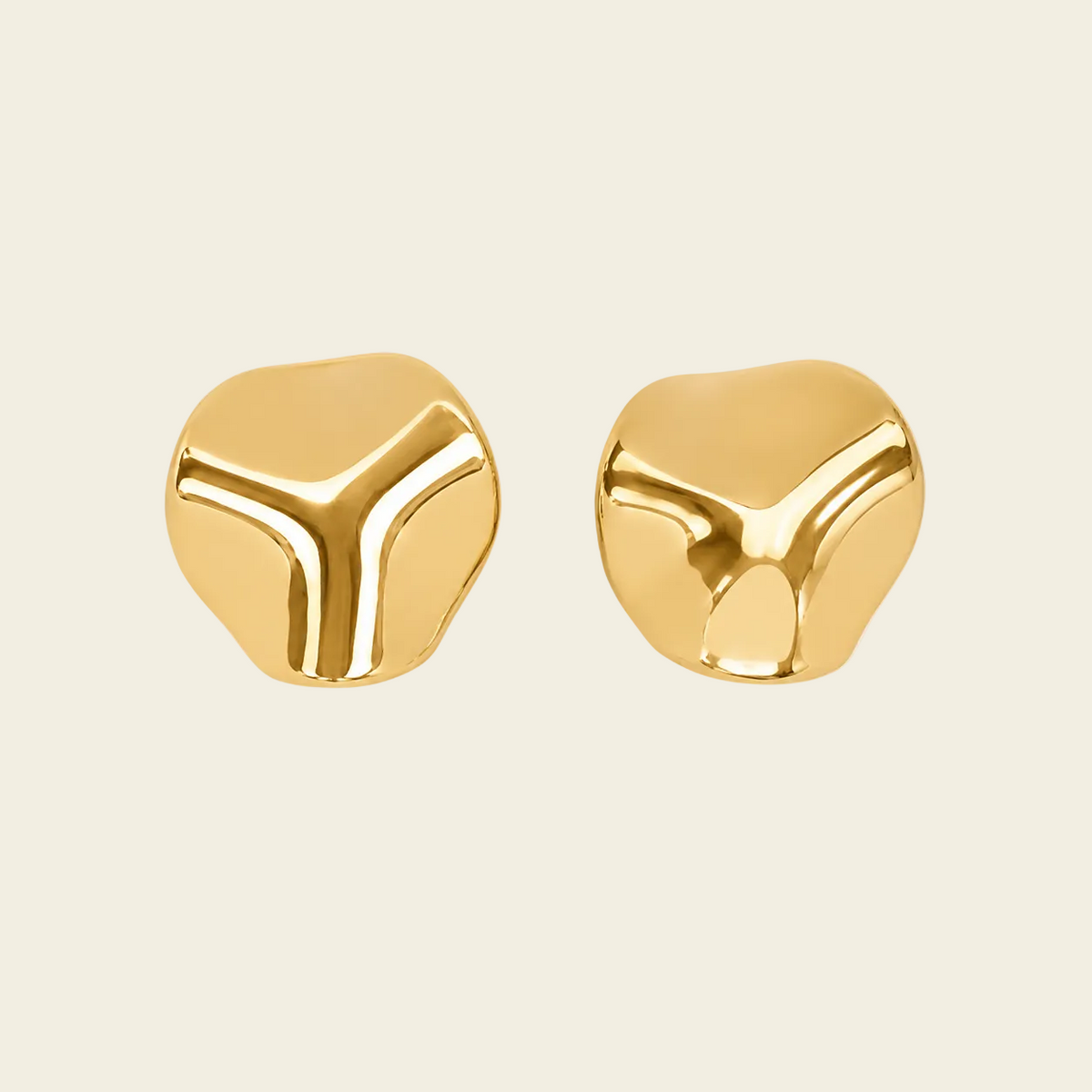 Molten Disc Earrings with rounded sculptural stud faces in gold finish