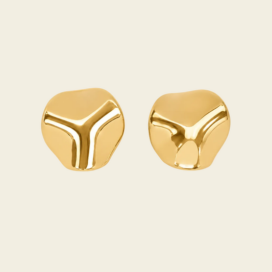 Molten Disc Earrings with rounded sculptural stud faces in gold finish