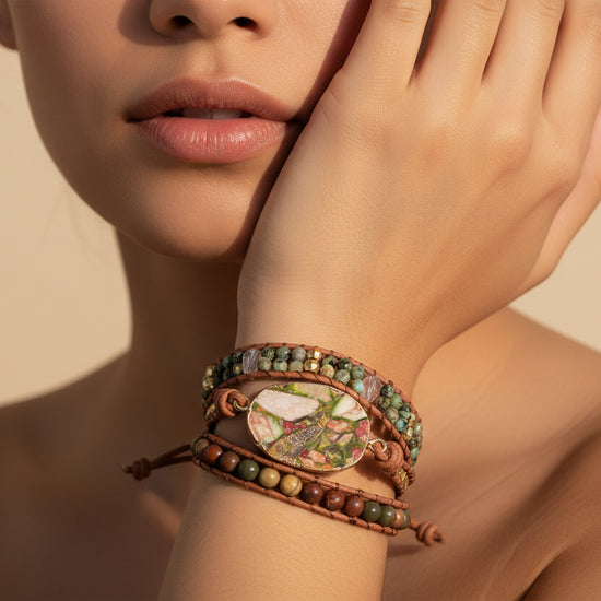 Mosaic Earth Bracelet worn on the wrist, with layered earth-toned and green stone beads