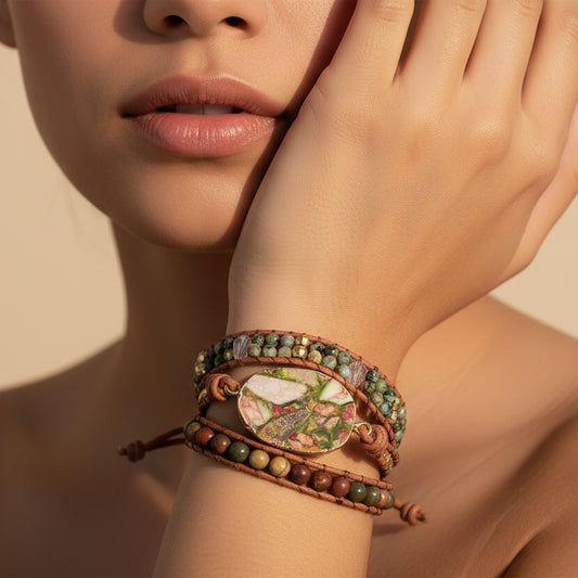 Mosaic Earth Bracelet worn on the wrist, with layered earth-toned and green stone beads