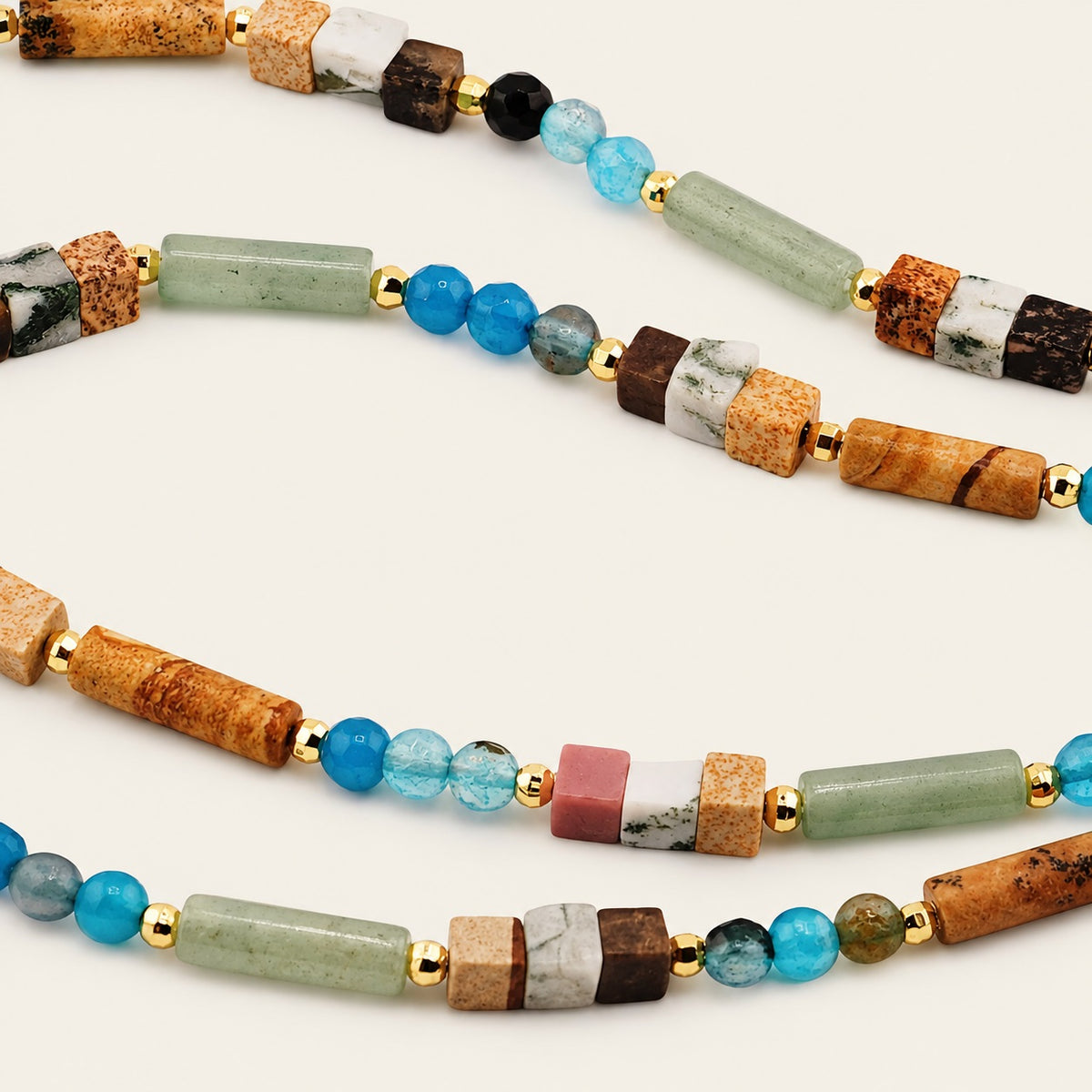 Mosaic Horizon Necklace with mixed stone shapes and turquoise-coloured bead accents