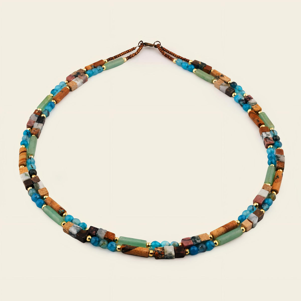 Mosaic Horizon Necklace with mixed stone shapes and turquoise-coloured bead accents