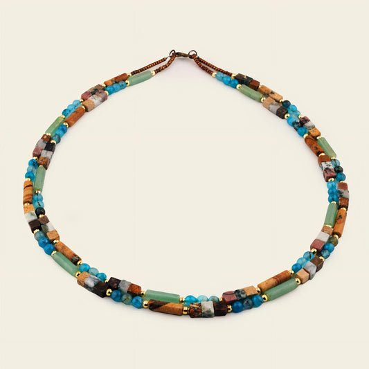 Mosaic Horizon Necklace with mixed stone shapes and turquoise-coloured bead accents
